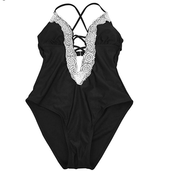 Black deep V one piece bathing suit - Picture 2 of 5